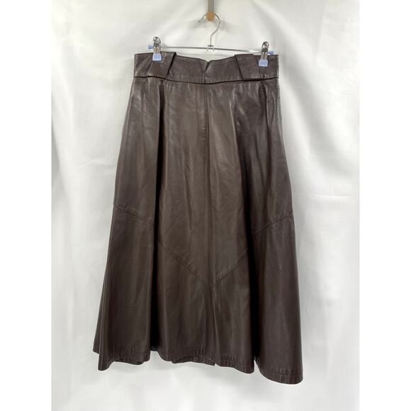 Vintage Chocolate Brown Leather Midi Button Skirt - Picture 4 of 5